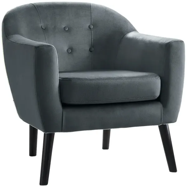 29 Inch Accent Armchair, Curved Backrest, Button Tufted, Gray Velvet Fabric - Benzara