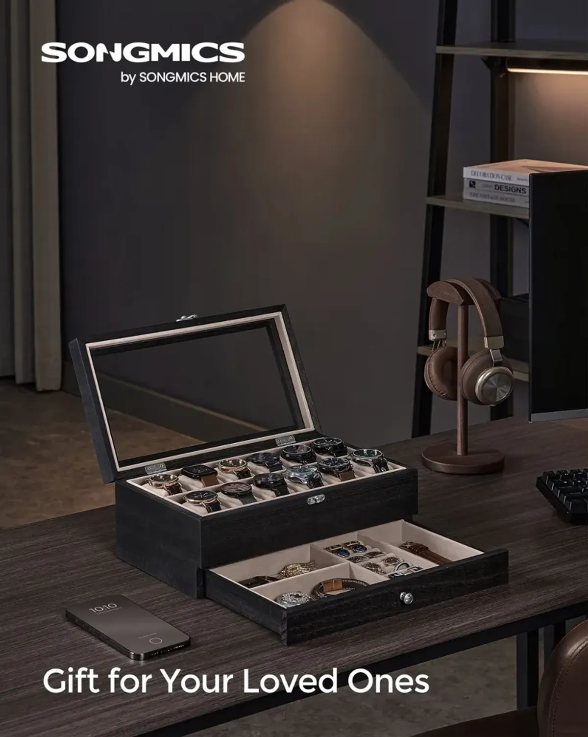 Black Solid Wood Watch Box with Pillows and Glass Lid - Perfect for Men