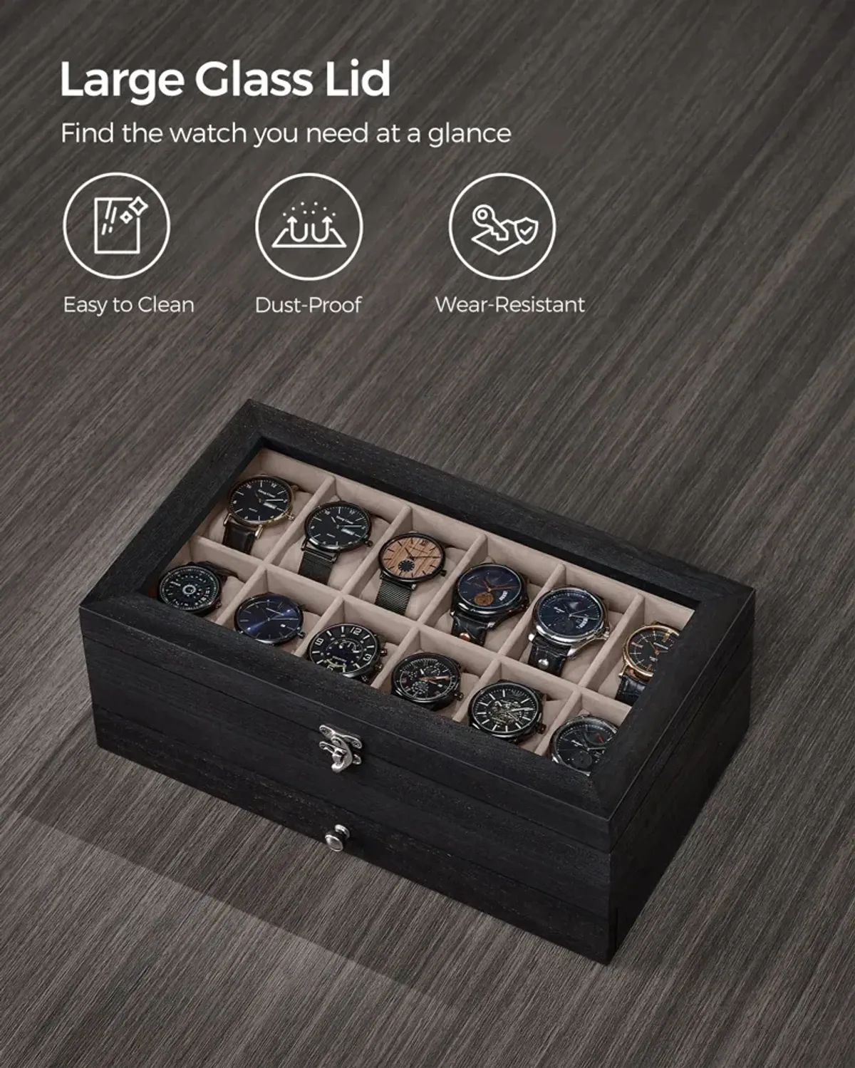 Black Solid Wood Watch Box with Pillows and Glass Lid - Perfect for Men