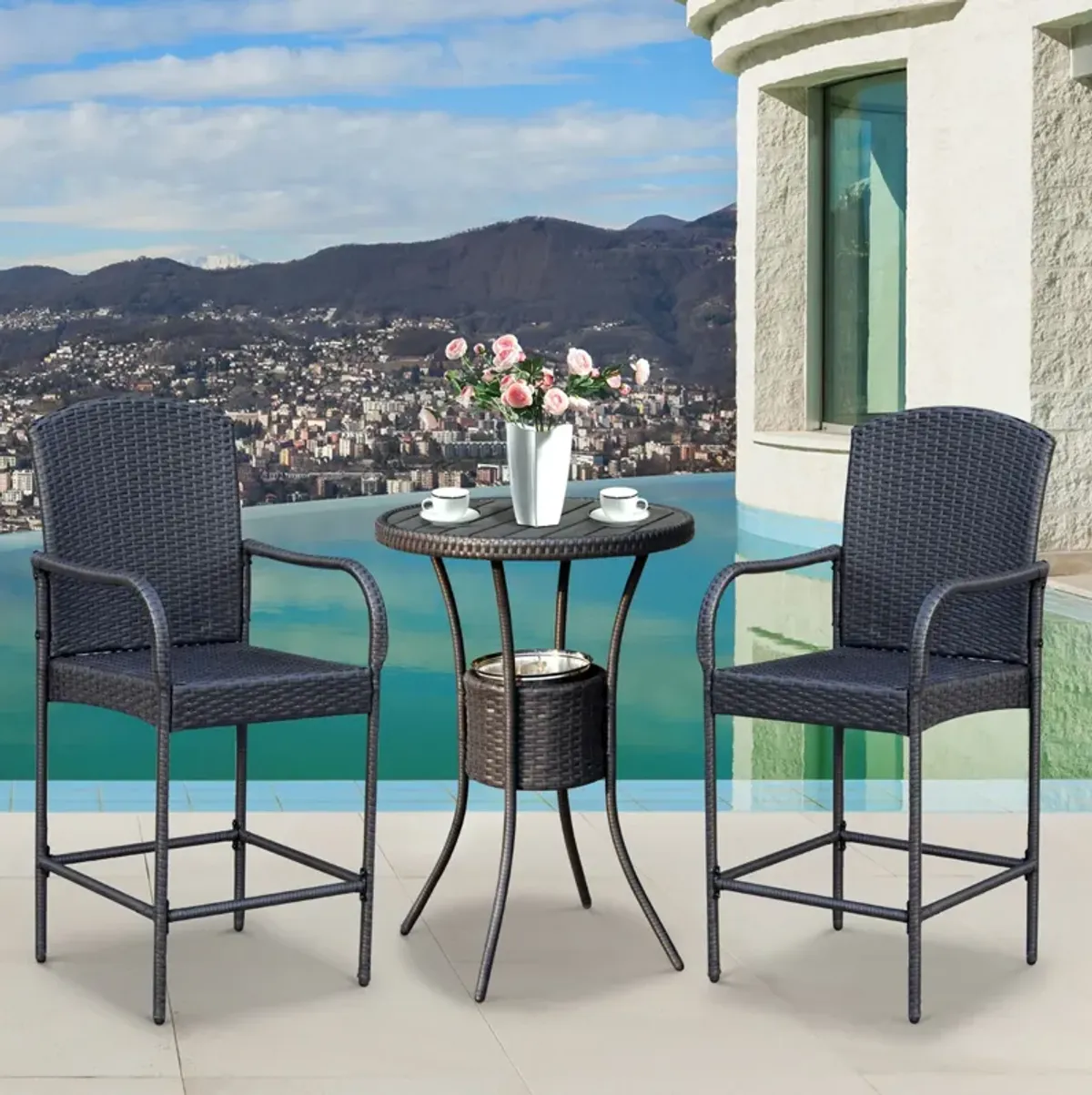 Alfresco Bar Trio: 3PC Rattan Wicker Set with Ice Buckets, Table & Stools