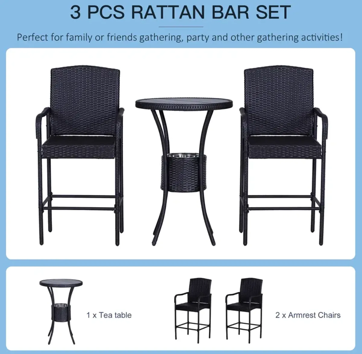 Alfresco Bar Trio: 3PC Rattan Wicker Set with Ice Buckets, Table & Stools