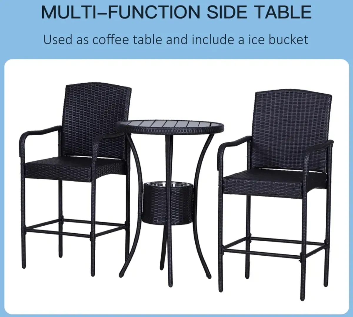 Alfresco Bar Trio: 3PC Rattan Wicker Set with Ice Buckets, Table & Stools