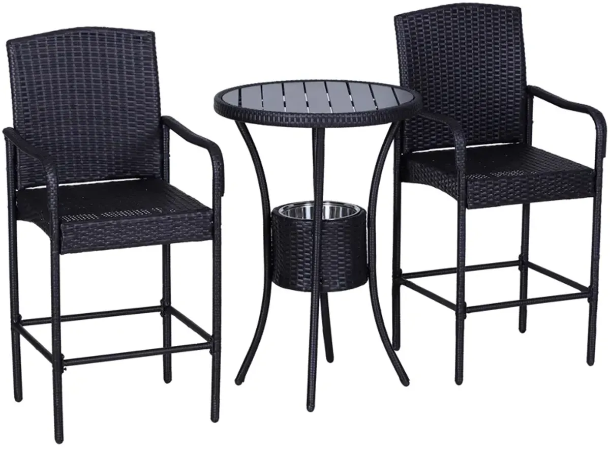 Alfresco Bar Trio: 3PC Rattan Wicker Set with Ice Buckets, Table & Stools