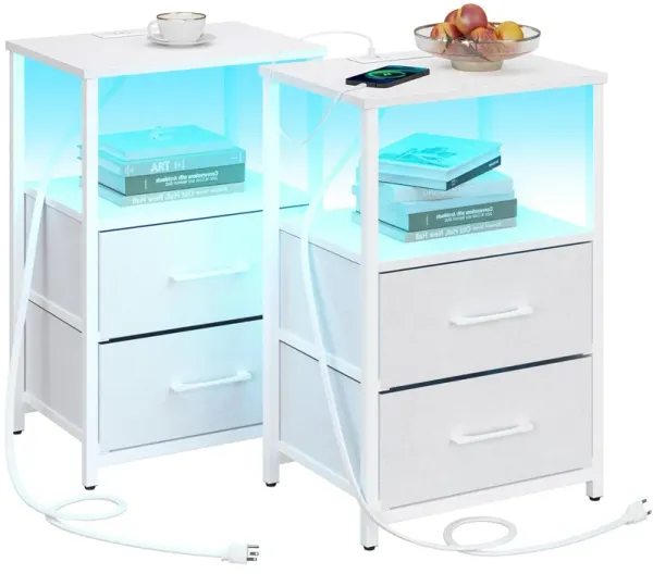 TUTOTAK LED End Table with Charging Station, Nightstand with Cloth Drawer, Side Table with 1 USB Port and 1 Type-C Port, Set of