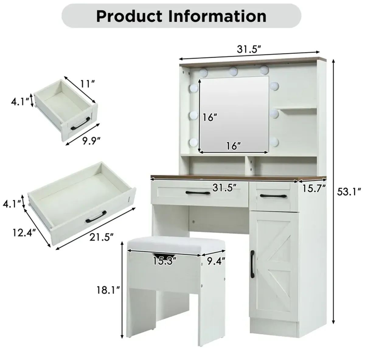 Merax Farmhouse Makeup Vanity Set with Mirror and Lights