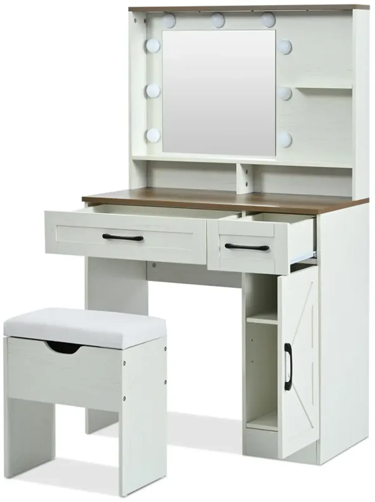 Merax Farmhouse Makeup Vanity Set with Mirror and Lights