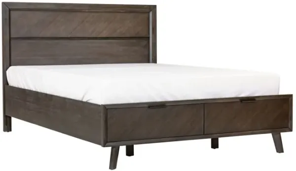 Cid Vein Queen Size Platform Bed, Panel Headboard, 2 Drawers, Brown Acacia - Benzara