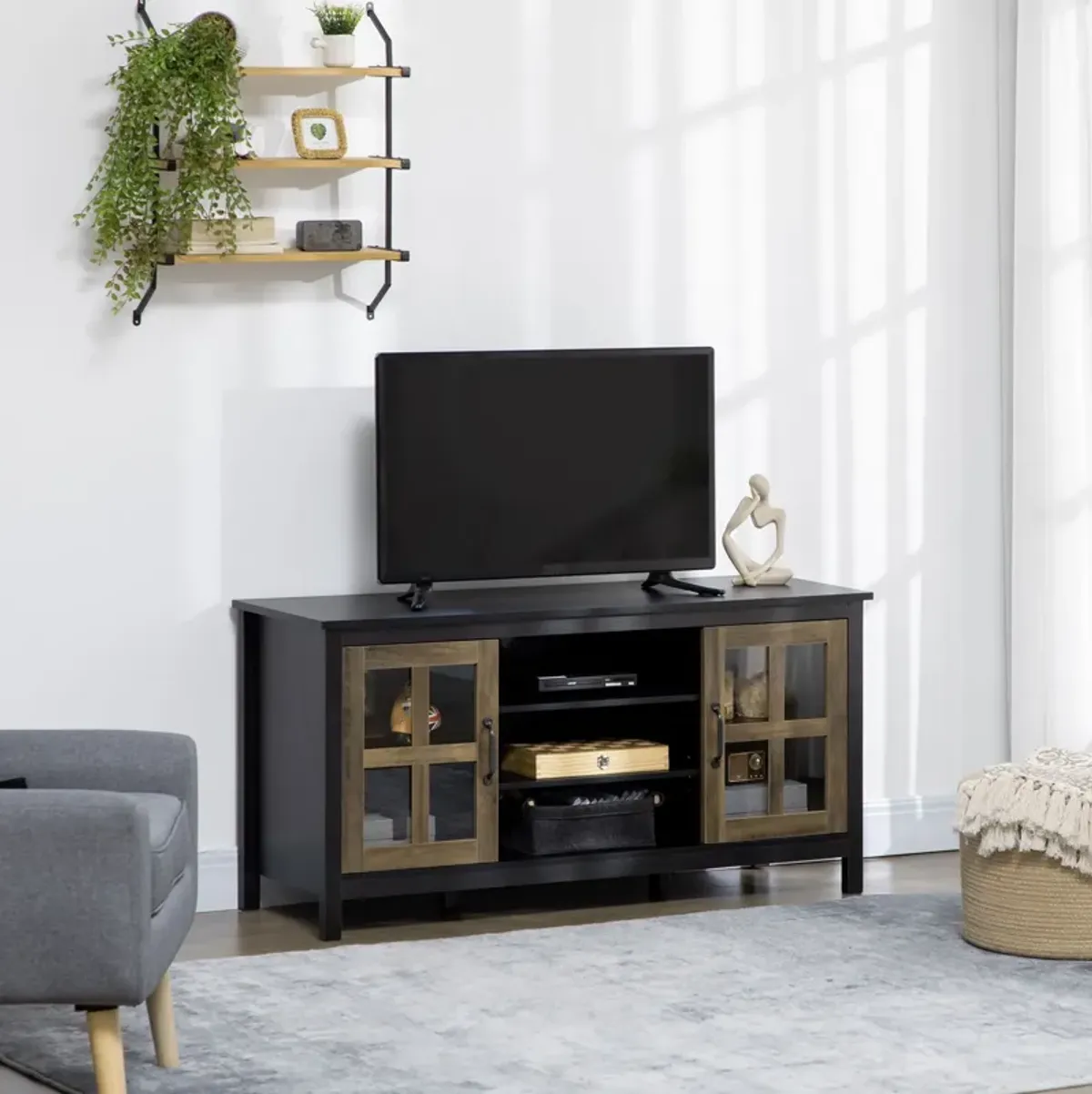 Black TV Console: 55" Farmhouse Stand with Shelves & Doors