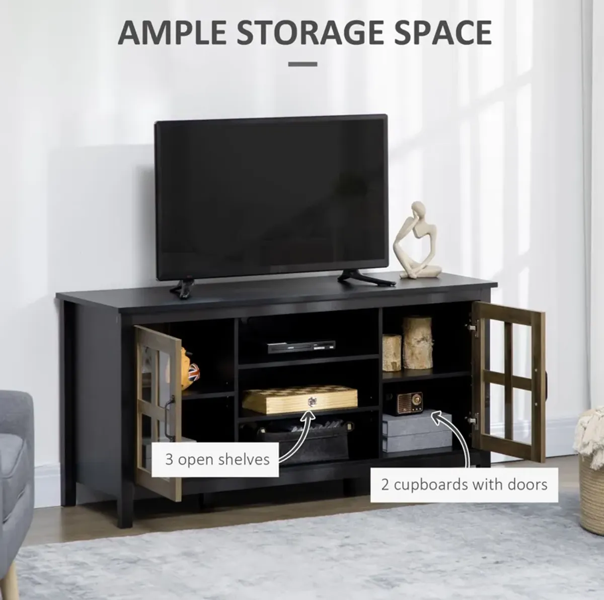 Black TV Console: 55" Farmhouse Stand with Shelves & Doors