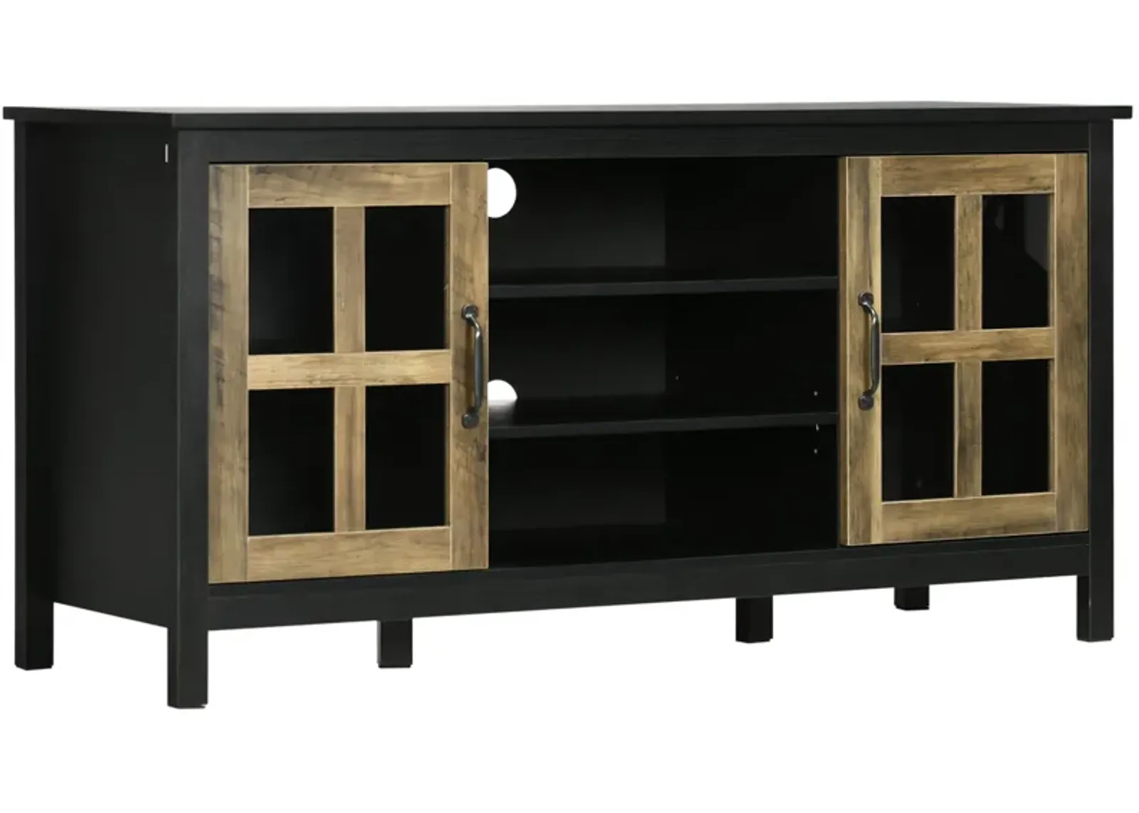 Black TV Console: 55" Farmhouse Stand with Shelves & Doors