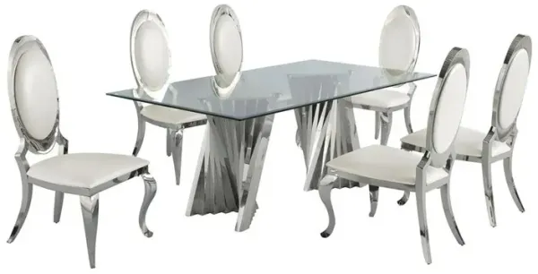 Classic 7pc Dining Set w/Faux Leather Side Chair, Glass Table w/ Silver Spiral Base, White