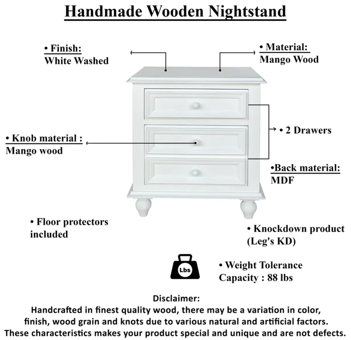 Wooden Nightstand With 2 Drawers, White-Benzara