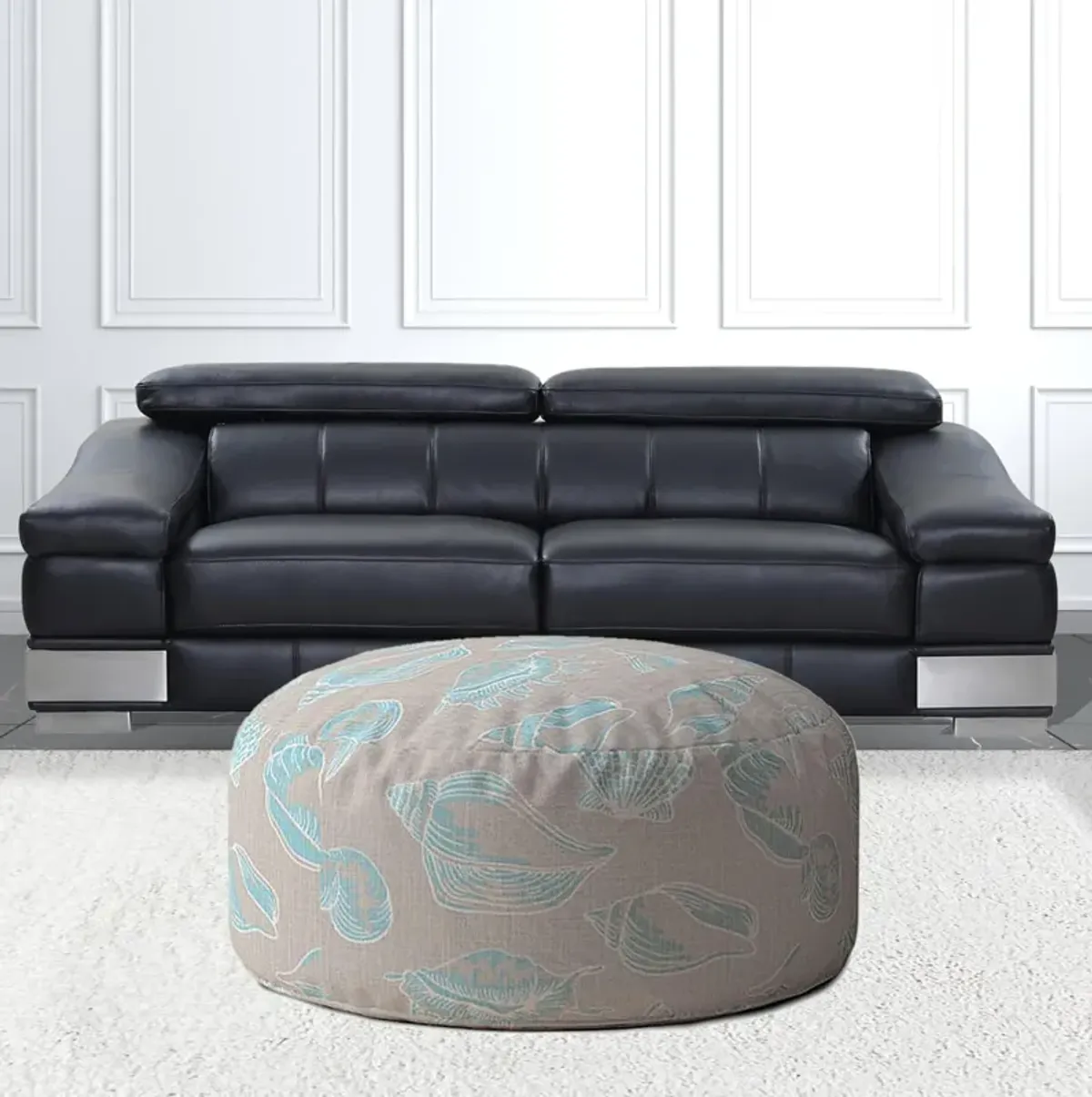 Hivvago 24" Light Blue And Grey Canvas Round Animal Print Pouf Ottoman