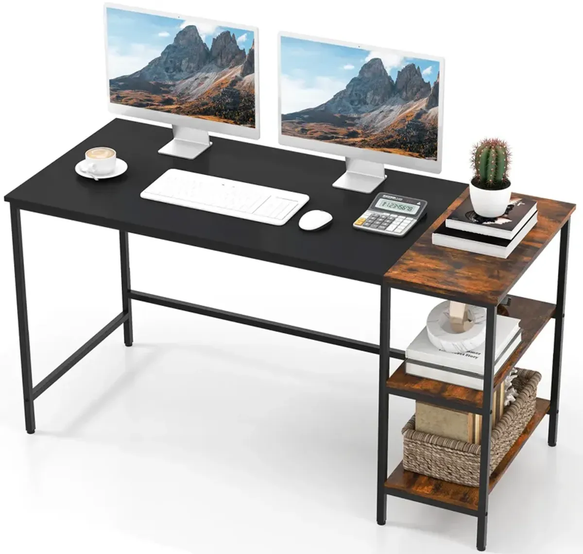 55" Modern Industrial Style Study Writing Desk with 2 Storage Shelves