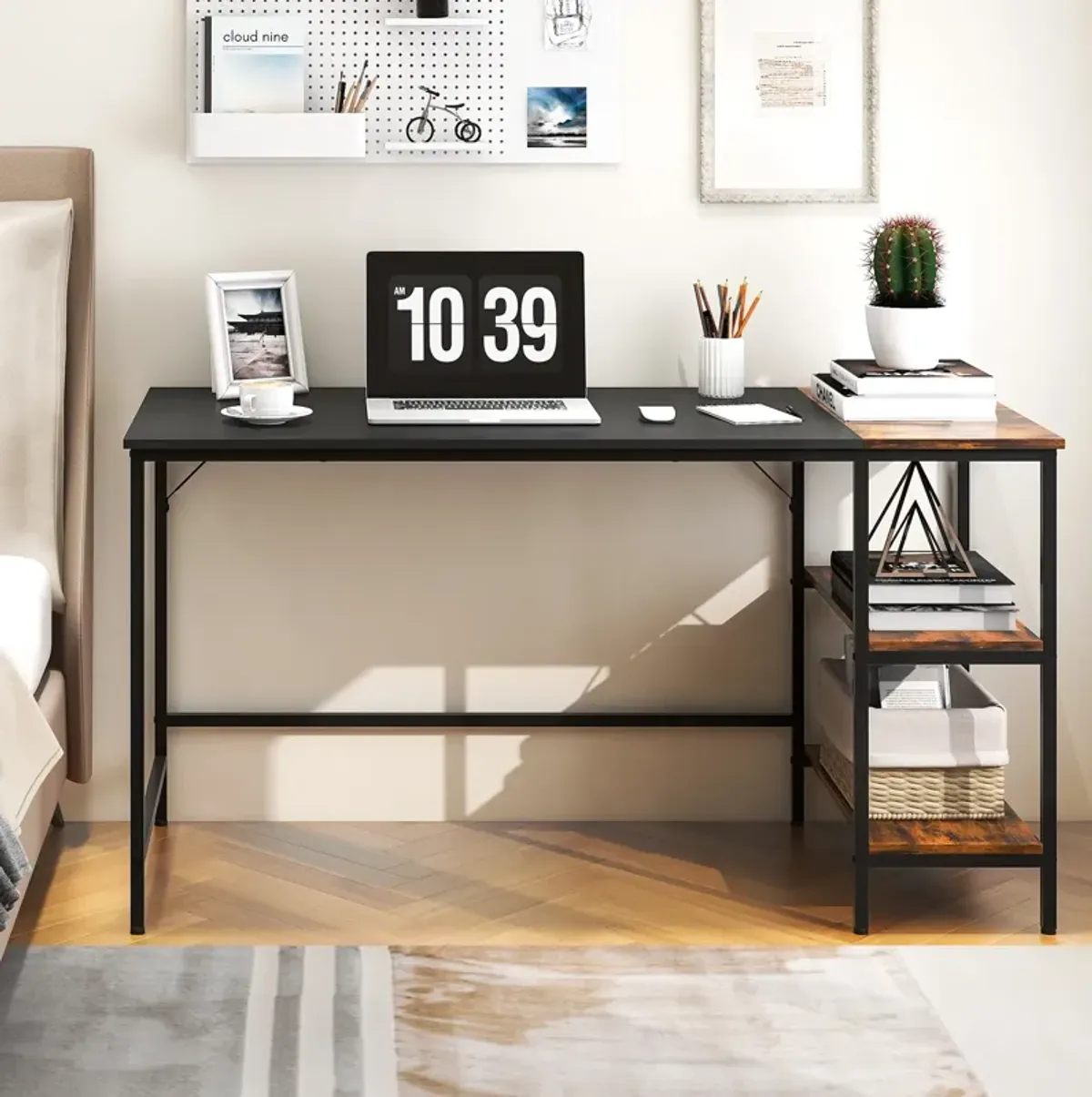 55" Modern Industrial Style Study Writing Desk with 2 Storage Shelves