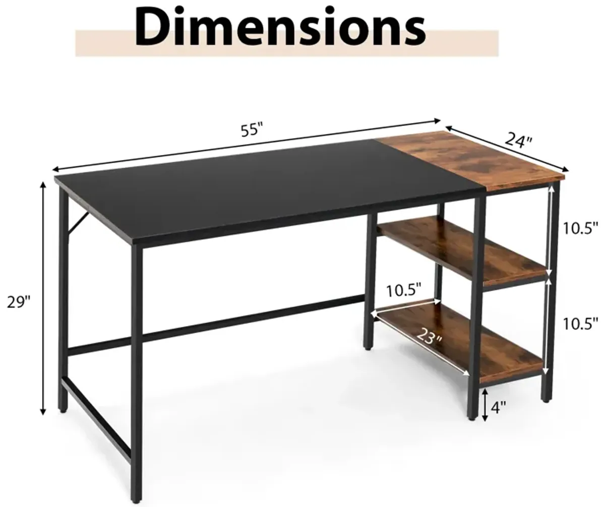 55" Modern Industrial Style Study Writing Desk with 2 Storage Shelves