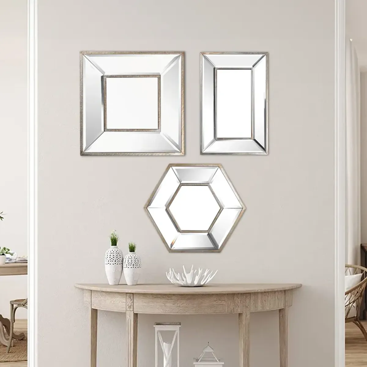 18, 14, 11 Inch Modern Accent Wall Mirror, Set of 3 Varied Shapes, Silver-Benzara