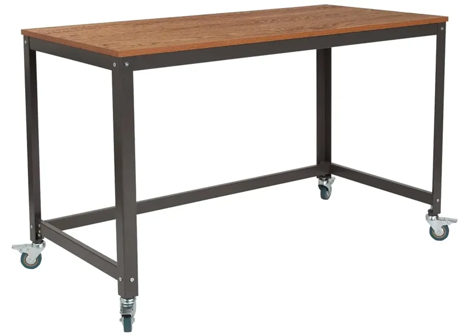 Flash Furniture Livingston Collection Computer Table and Desk in Brown Oak Wood Grain Finish with Metal Wheels