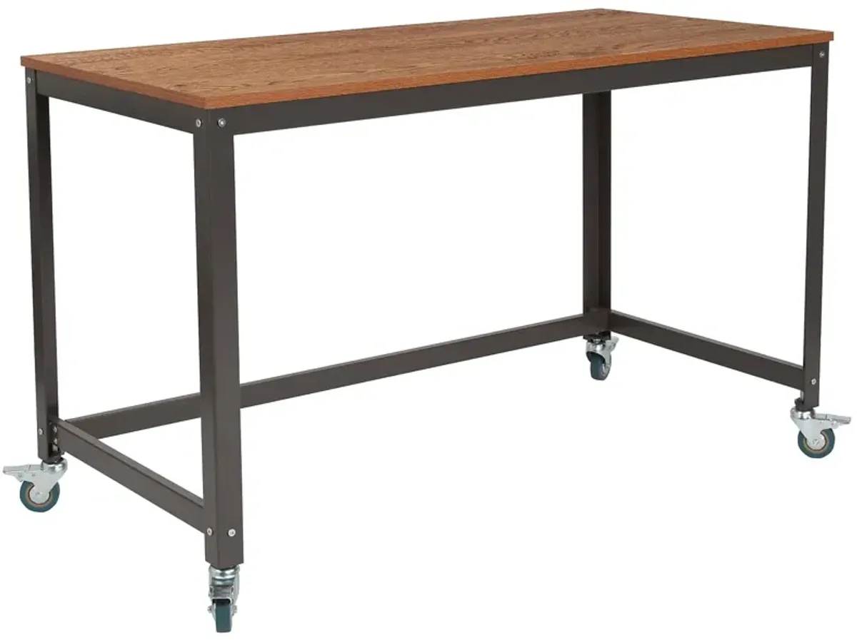 Flash Furniture Livingston Collection Computer Table and Desk in Brown Oak Wood Grain Finish with Metal Wheels