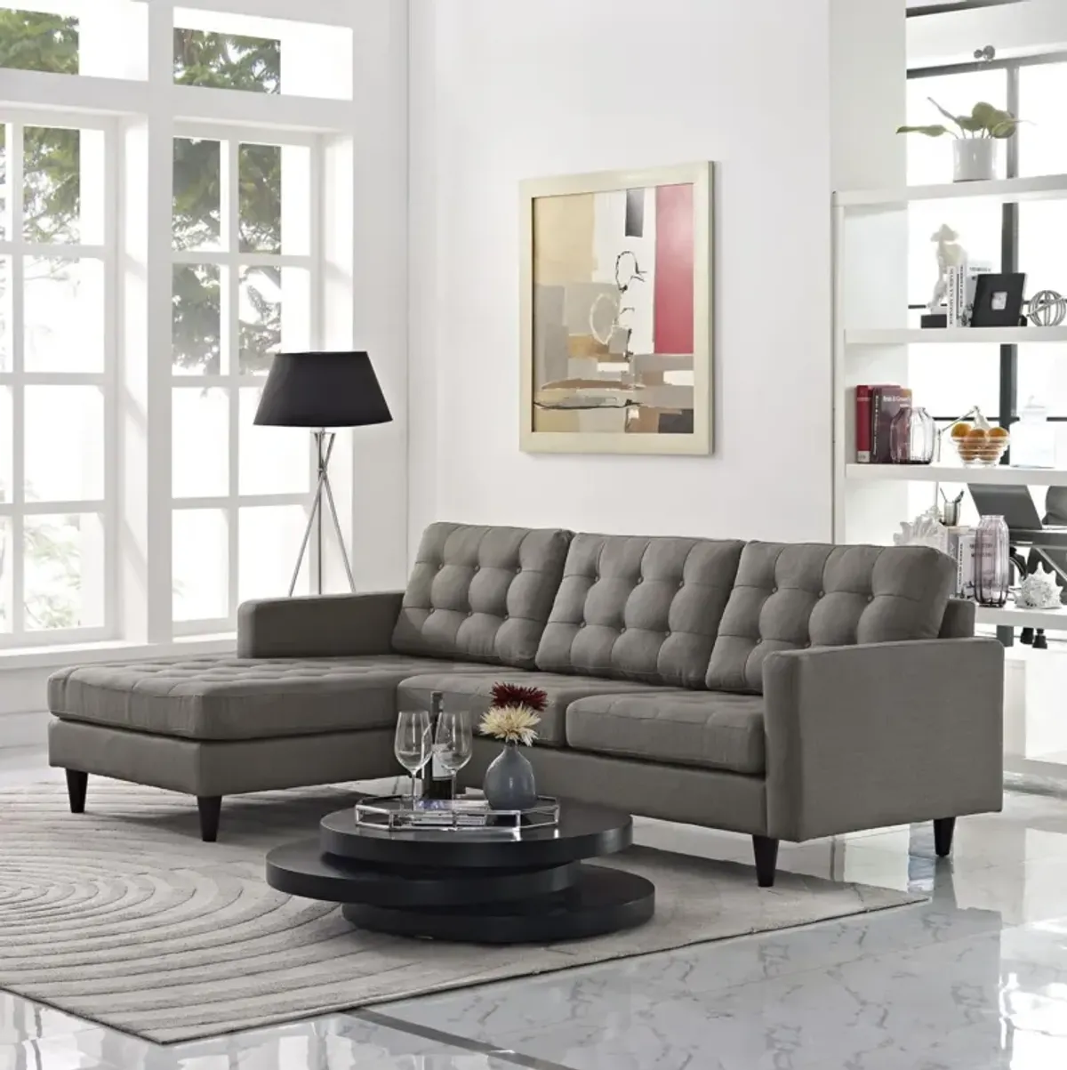 Modway Empress Mid-Century Modern Upholstered Fabric Left-Arm Facing Sectional Sofa in Granite