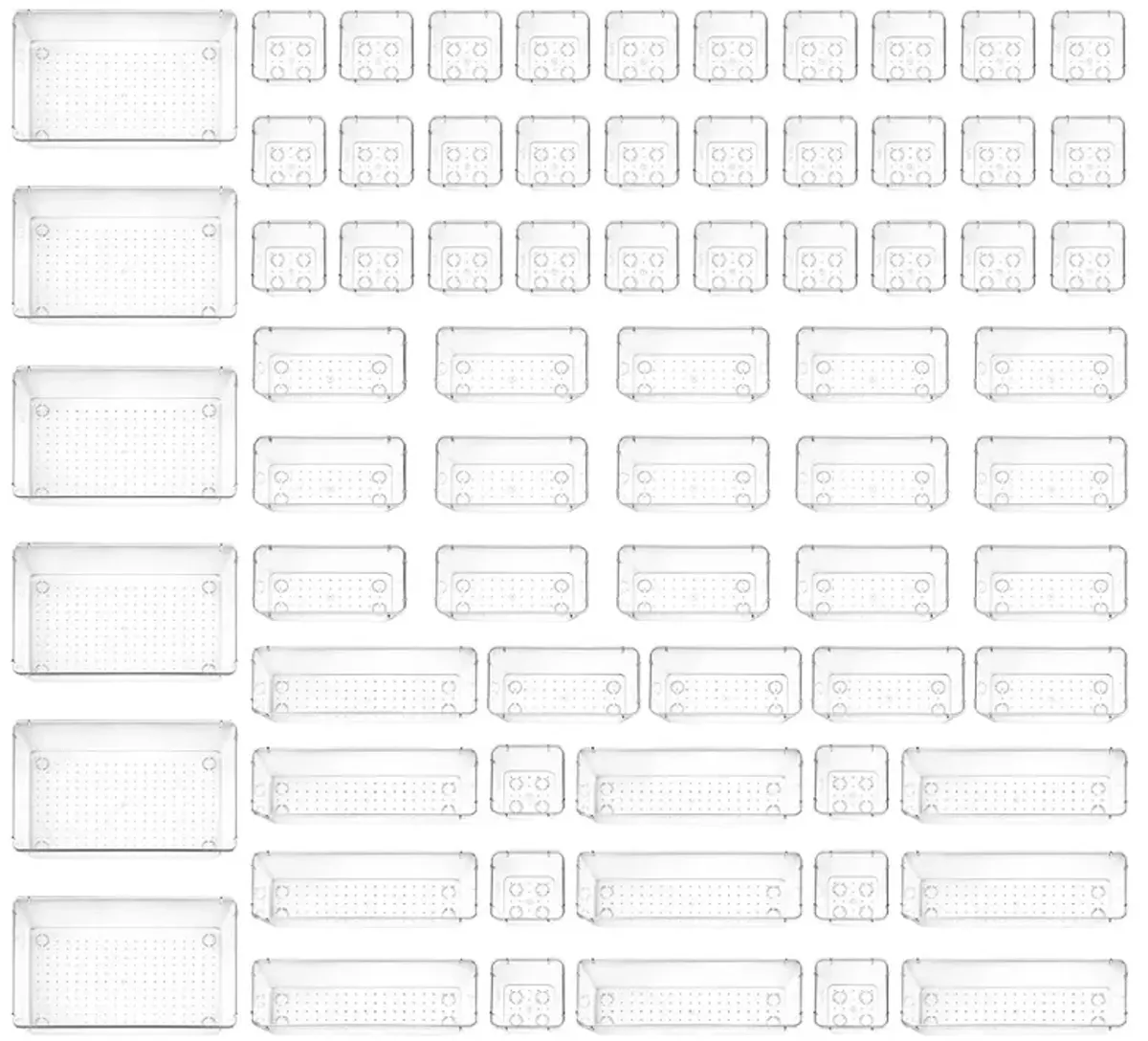 Drawer Organizer Set - Includes 6-piece 9x6 bins, 10-piece 9x3 bins, 18-piece 6x3 Bins, 30-piece 3x3 Bins, Stackable Storage Trays for Makeup, Kitchen, and Office, 64 Pack