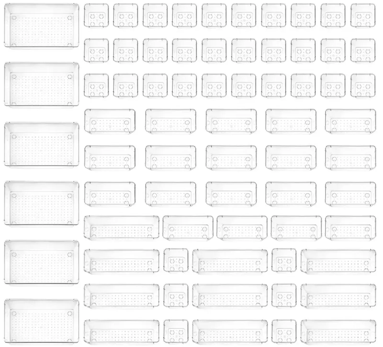 Drawer Organizer Set - Includes 6-piece 9x6 bins, 10-piece 9x3 bins, 18-piece 6x3 Bins, 30-piece 3x3 Bins, Stackable Storage Trays for Makeup, Kitchen, and Office, 64 Pack