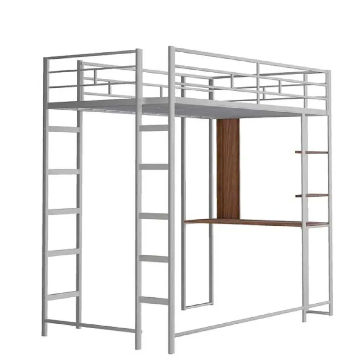 Metal Loft Bed with Desk and Dual Shelves, Modern Space-Saving Design