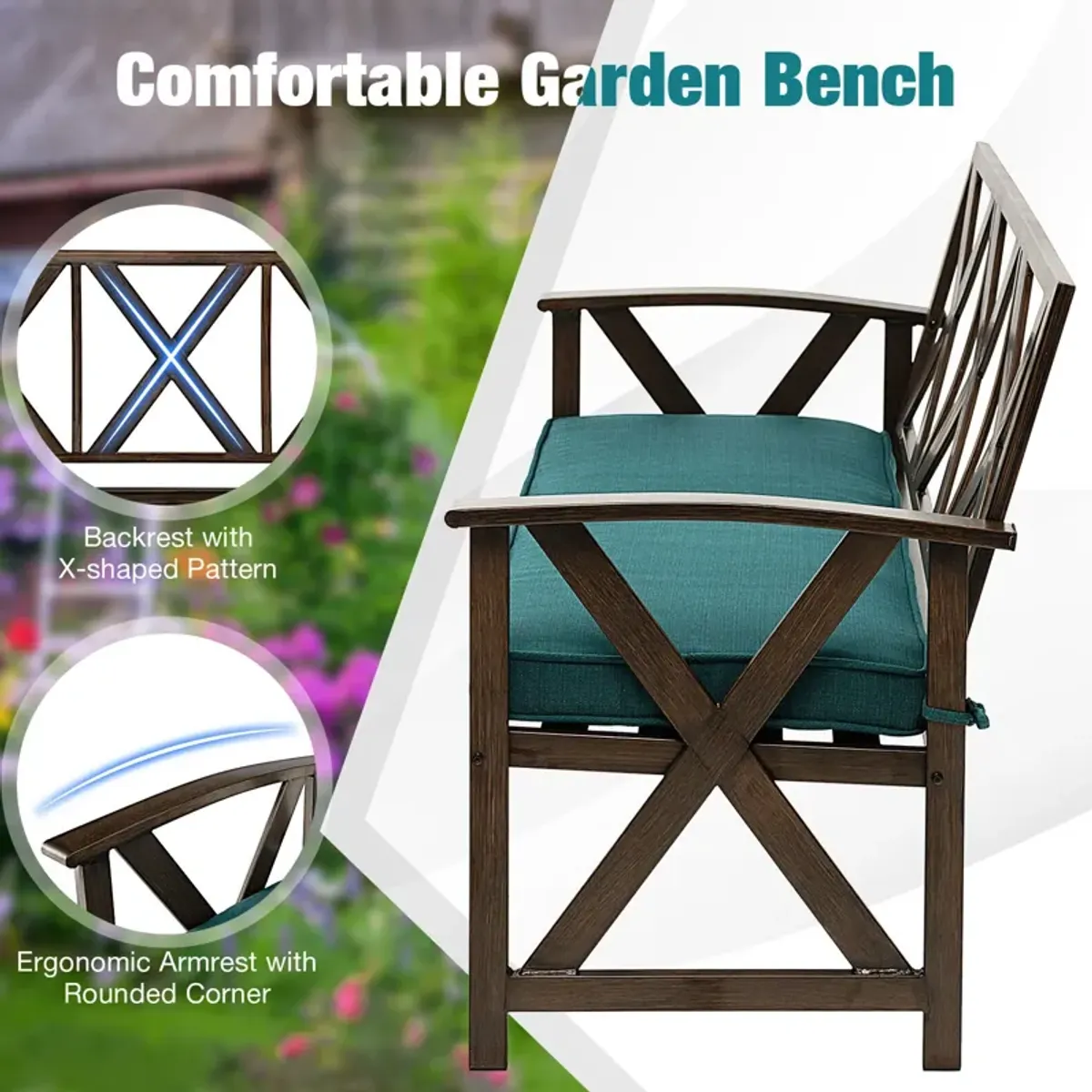 Outdoor Garden Bench with Detachable Sponge-Padded Cushion