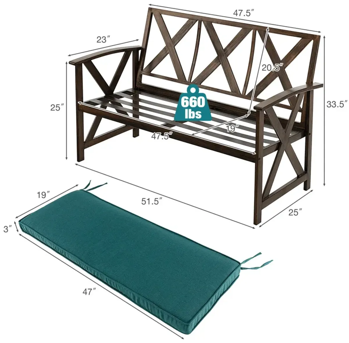 Outdoor Garden Bench with Detachable Sponge-Padded Cushion