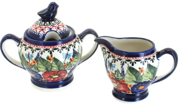 Blue Rose Polish Pottery Peacock Cream & Sugar