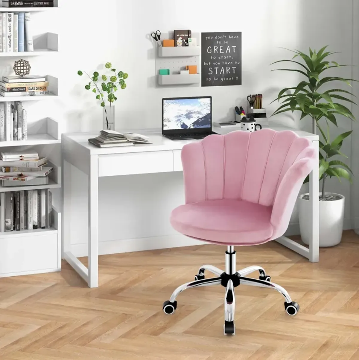 Costway Velvet Petal Shell Office Chair Adjustable Swivel Accent Vanity Armchair Pink