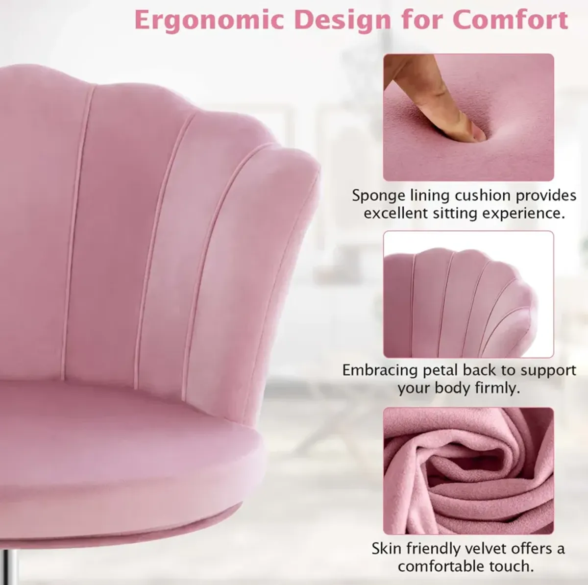 Costway Velvet Petal Shell Office Chair Adjustable Swivel Accent Vanity Armchair Pink