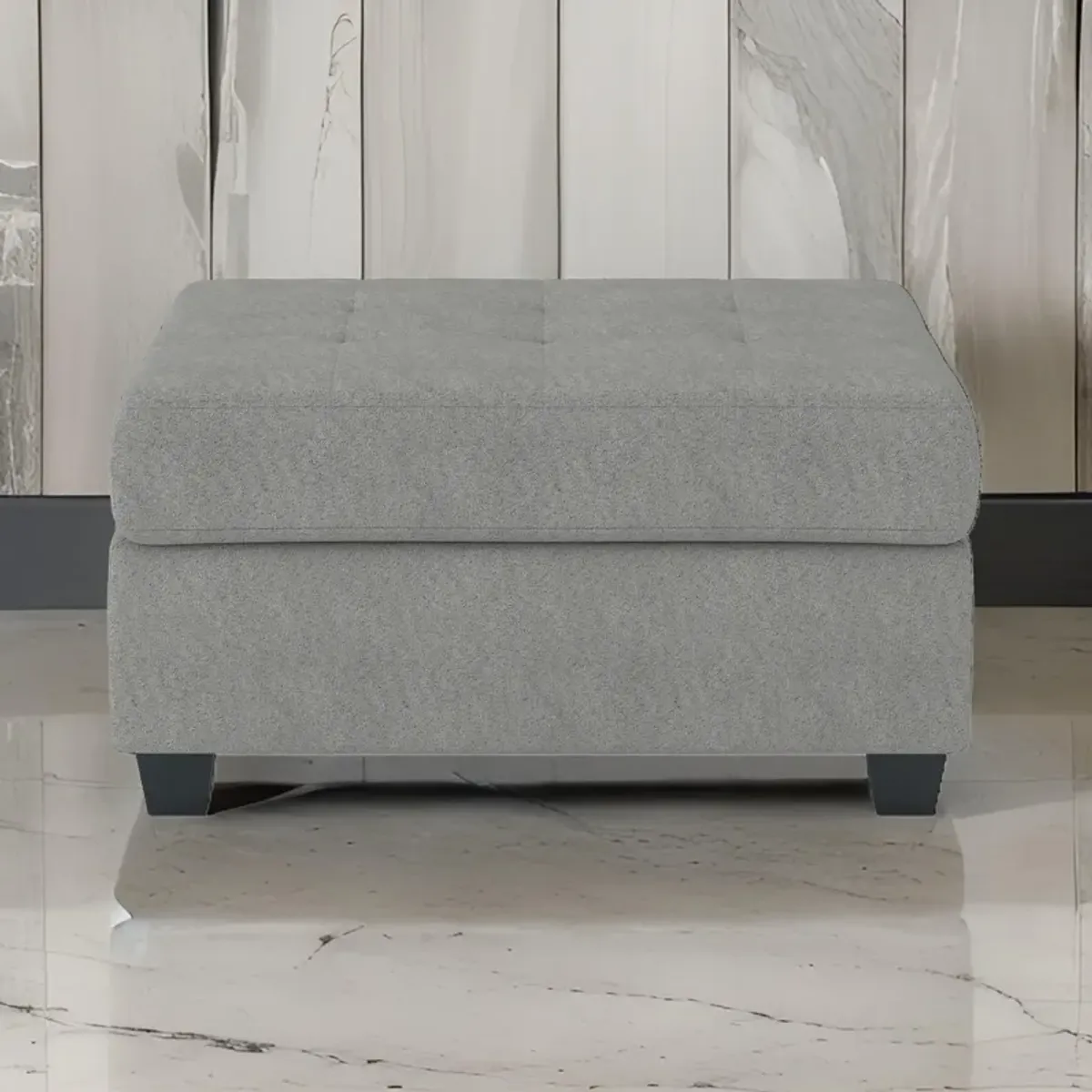 Aston 33 Inch Ottoman, Light Gray Microfiber, Interior Storage, Solid Wood - Benzara