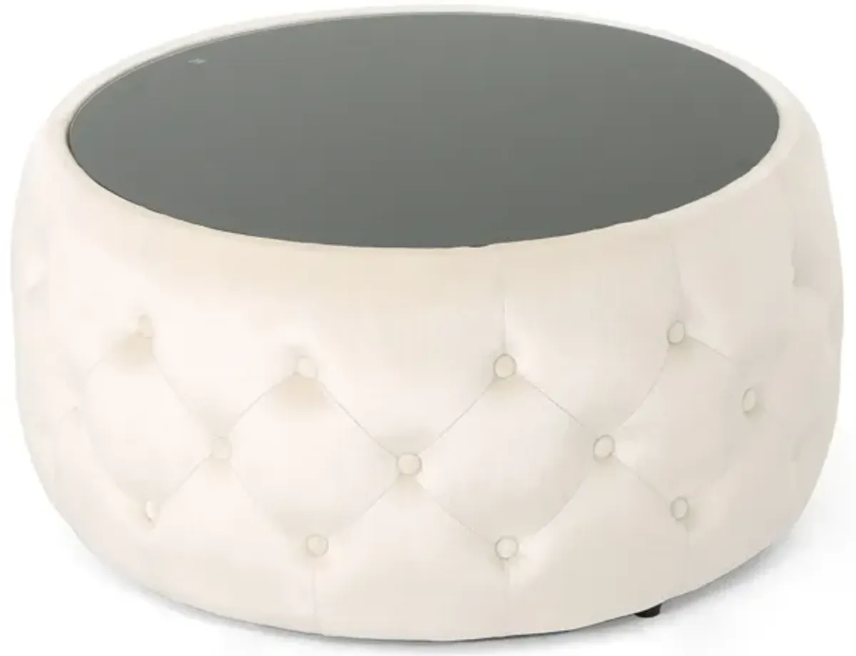 Ottoman Coffee Table, Beige Tufted Velvet, 30 Inch Round Glass Top - Benzara