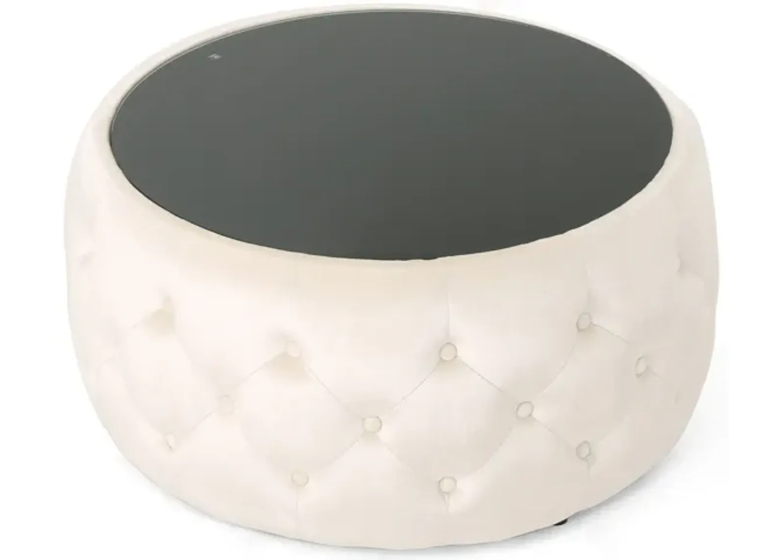 Ottoman Coffee Table, Beige Tufted Velvet, 30 Inch Round Glass Top - Benzara