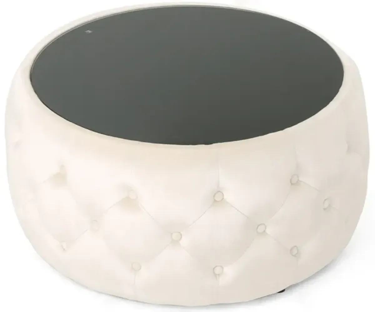 Ottoman Coffee Table, Beige Tufted Velvet, 30 Inch Round Glass Top - Benzara