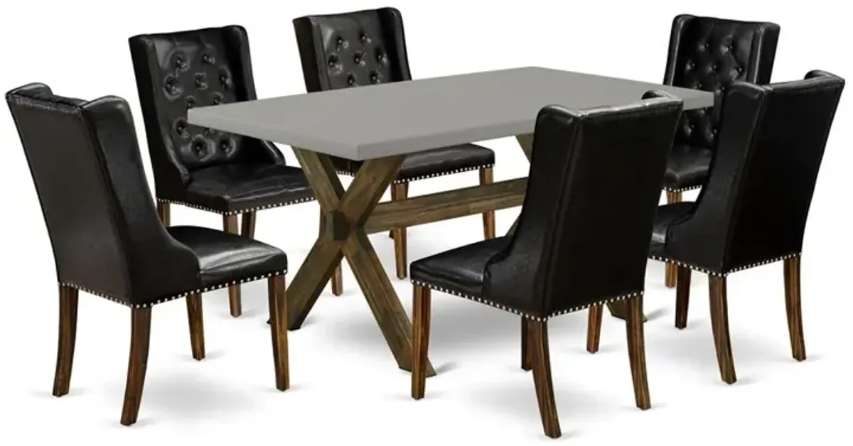 East West Furniture X796FO749-7 7 Piece Dining Set - 6 Black Pu Leather Kitchen Chair Button Tufted with Nail heads and Wood Table - Distressed Jacobean Finish