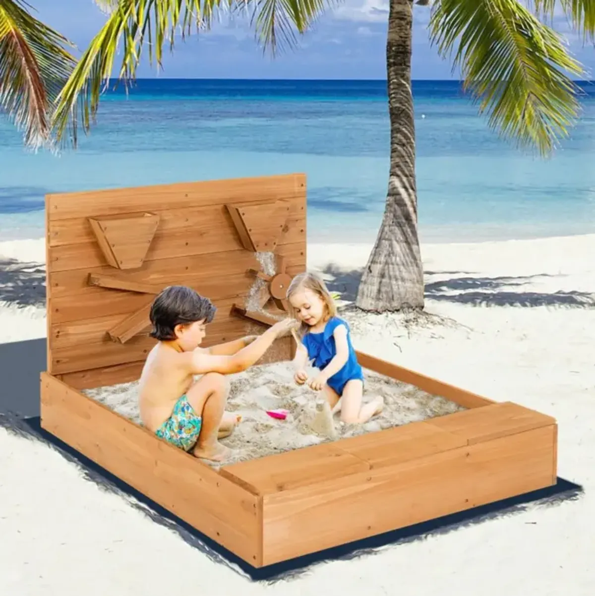 Hivvago Kids Wooden Square Sandbox with Cover