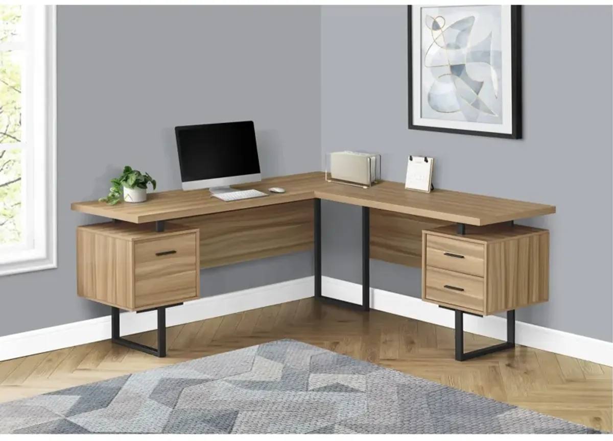 Computer Desk, Home Office, Corner, Left, Right Set-Up, Storage Drawers, 70"L, L Shape, Work, Laptop, Metal, Laminate, Brown, Black, Contemporary, Modern