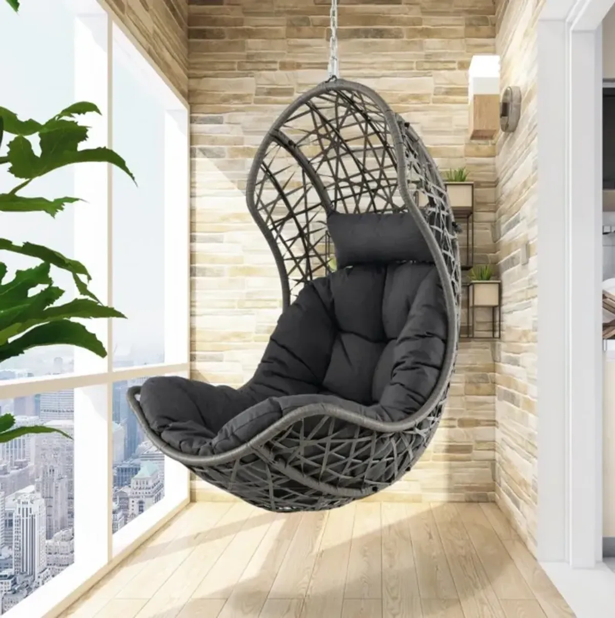 Hivvago Hanging Egg Chair PE Rattan Swing Hammock Chair with Soft Pillow and Cushion-Gray