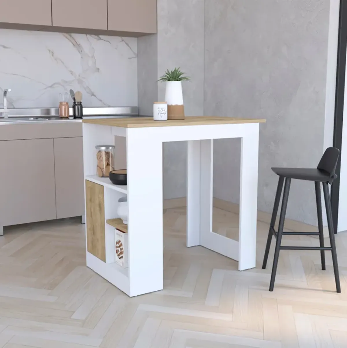 Stirling Kitchen & Dining room Island with 1-Door Cabinet Push to open System and Side Shelves- White / Macadamia