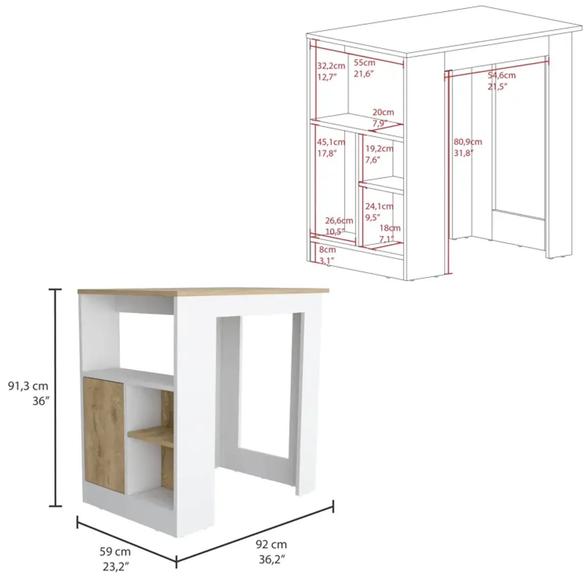 Stirling Kitchen & Dining room Island with 1-Door Cabinet Push to open System and Side Shelves- White / Macadamia