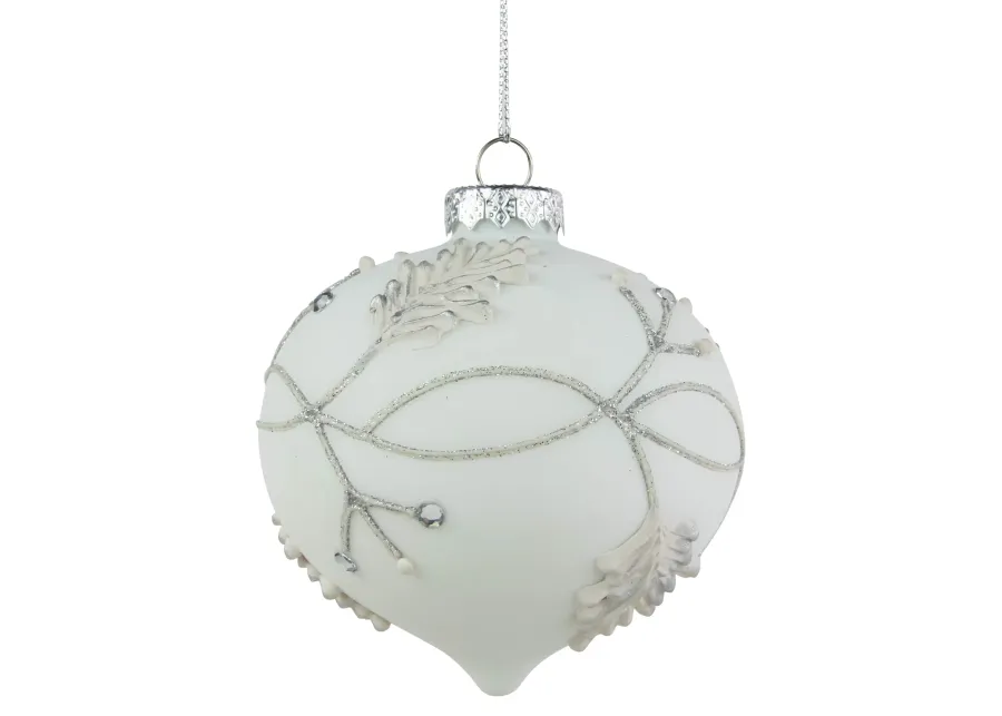 3.5" White and Silver Leaves Glass Onion Drop Christmas Ornament