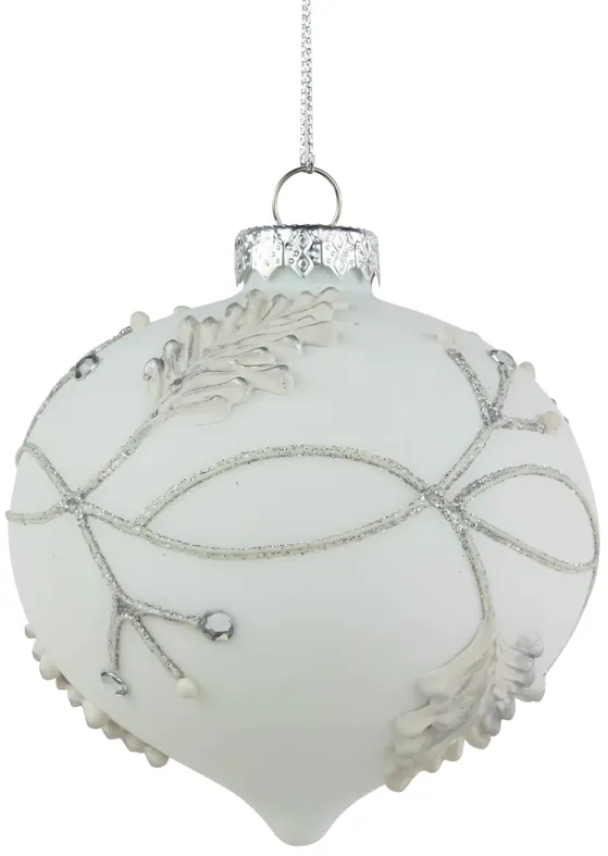 3.5" White and Silver Leaves Glass Onion Drop Christmas Ornament