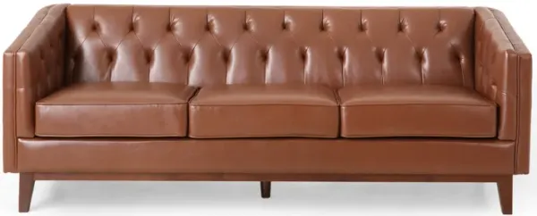 Vella Sofa, Pull Point Back Tufted Light Brown Faux Leather