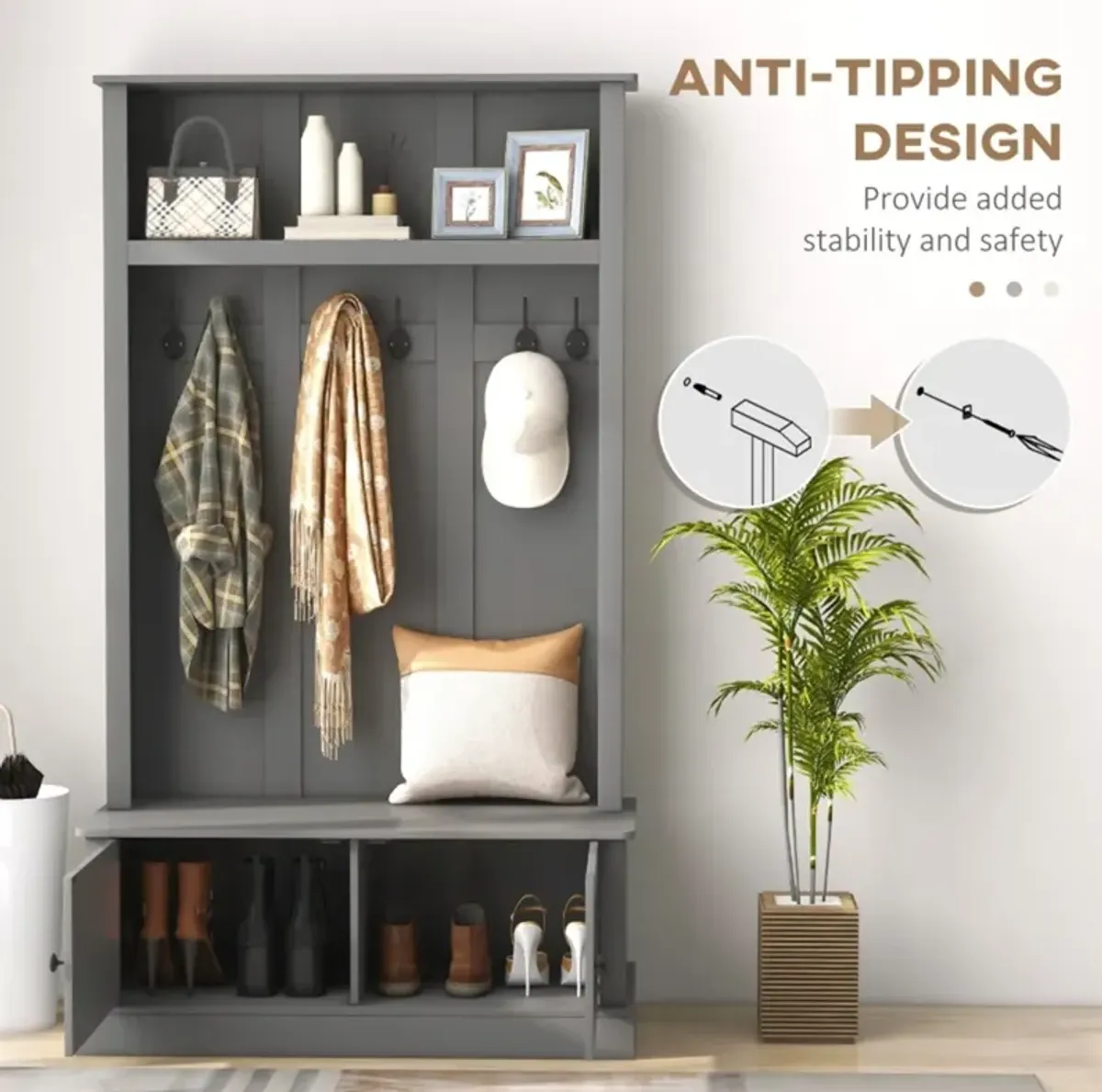 Hall Tree Entryway Bench with Coat Rack & Storage Cabinet For Multi-Functional Organizer