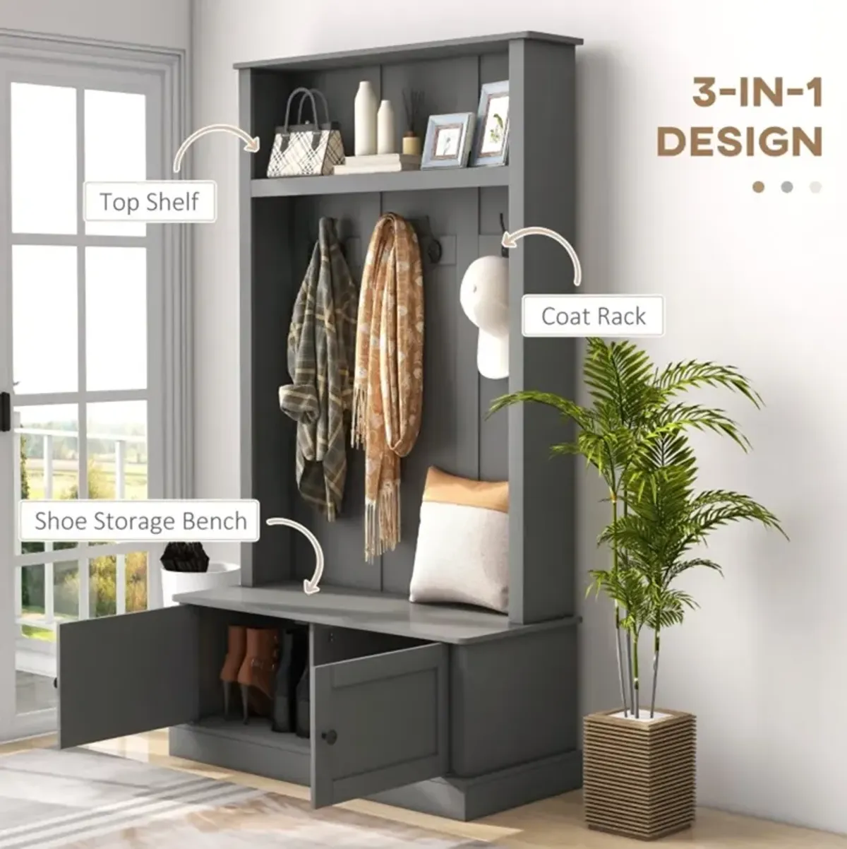 Hall Tree Entryway Bench with Coat Rack & Storage Cabinet For Multi-Functional Organizer
