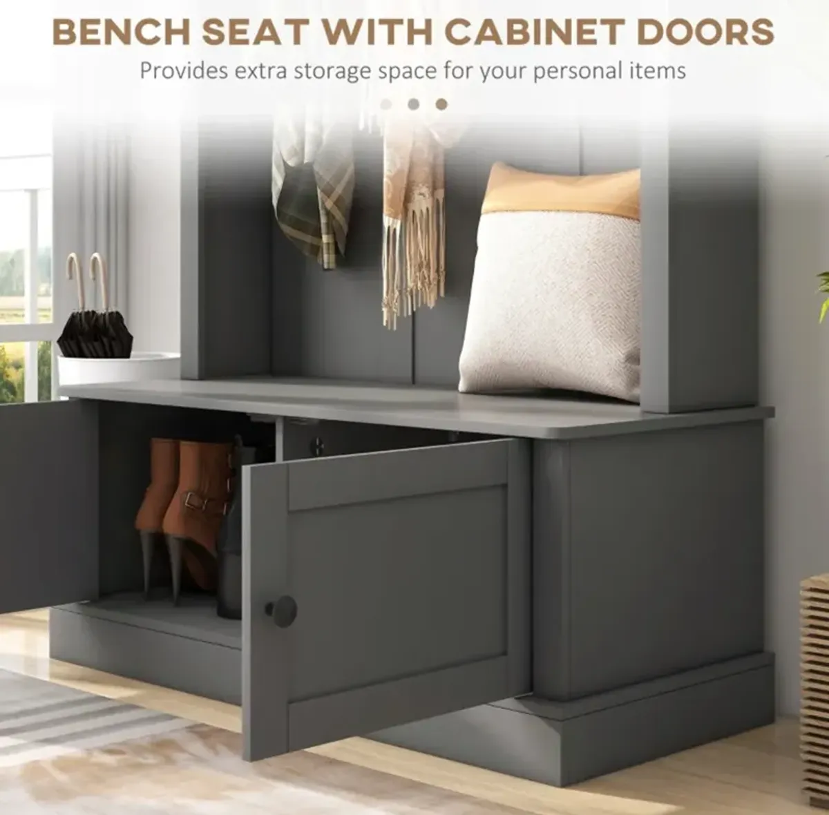 Hall Tree Entryway Bench with Coat Rack & Storage Cabinet For Multi-Functional Organizer