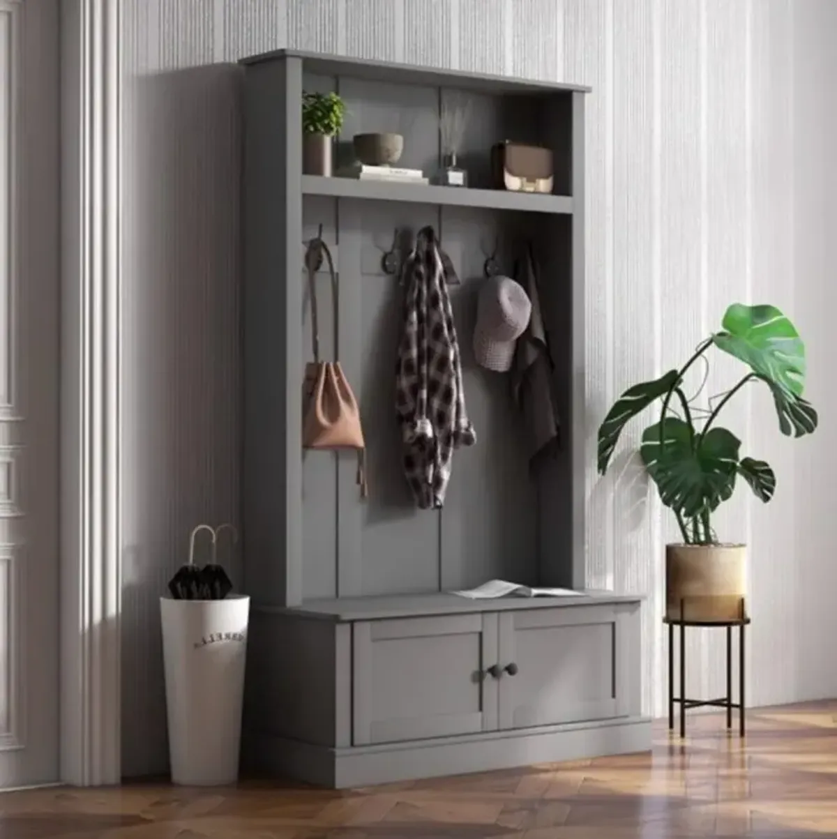 Hall Tree Entryway Bench with Coat Rack & Storage Cabinet For Multi-Functional Organizer