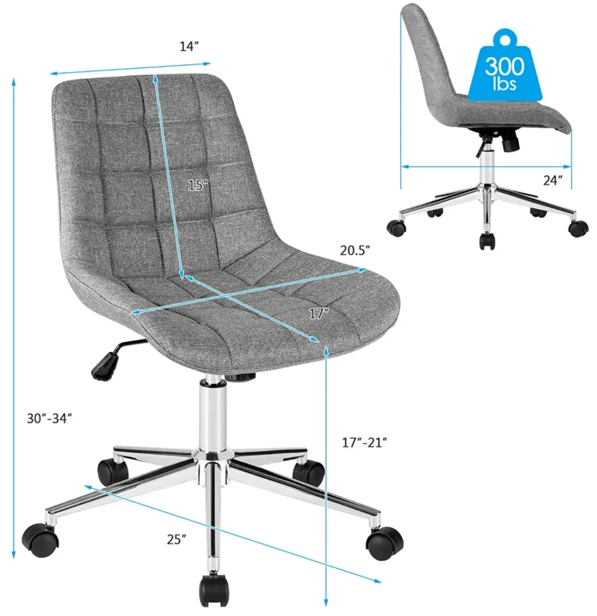 Costway Mid Back Armless Office Chair Adjustable Swivel Fabric Task Desk Chair